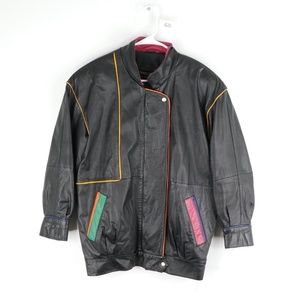 Vintage 80s Streetwear Colorful Zip Leather Jacket